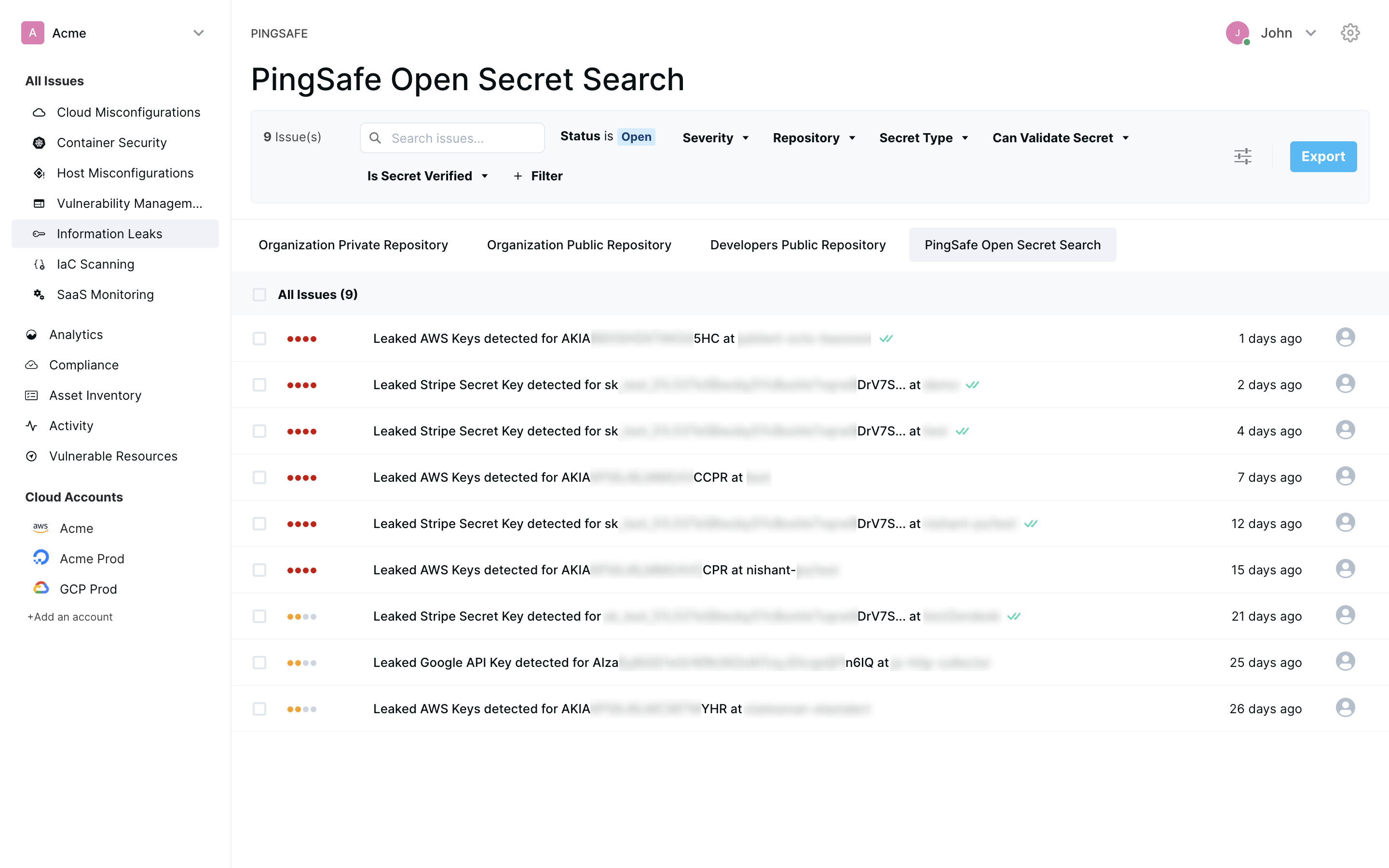 Through PingSafe’s Open Secret Search, we scan all public repositories across the web to alert you of any leaked secret and provide the required details related to its source.