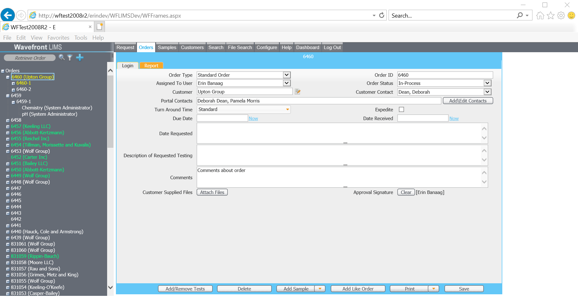 Wavefront LIMS User Interface: Displays order, sample, and test hierarchy and data collection form.