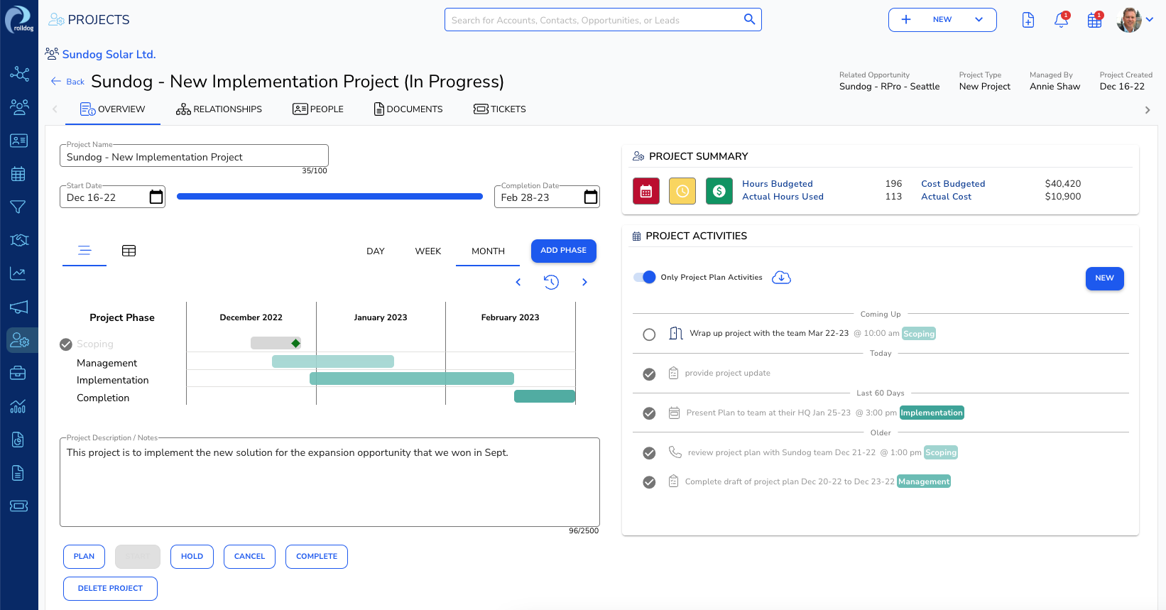 Projects allow services and support teams to plan out and execute on any type of project.  With GANTT views by phase, projects can be tracked against timelines, hours and costs, with activity linking from all sources (incl. email) to every project phase.