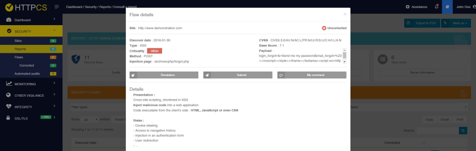 HTTPCS Security Software - A security vulnerability report detailing the identification of a discovered flaw, flagging a criticality rating and the associated risks