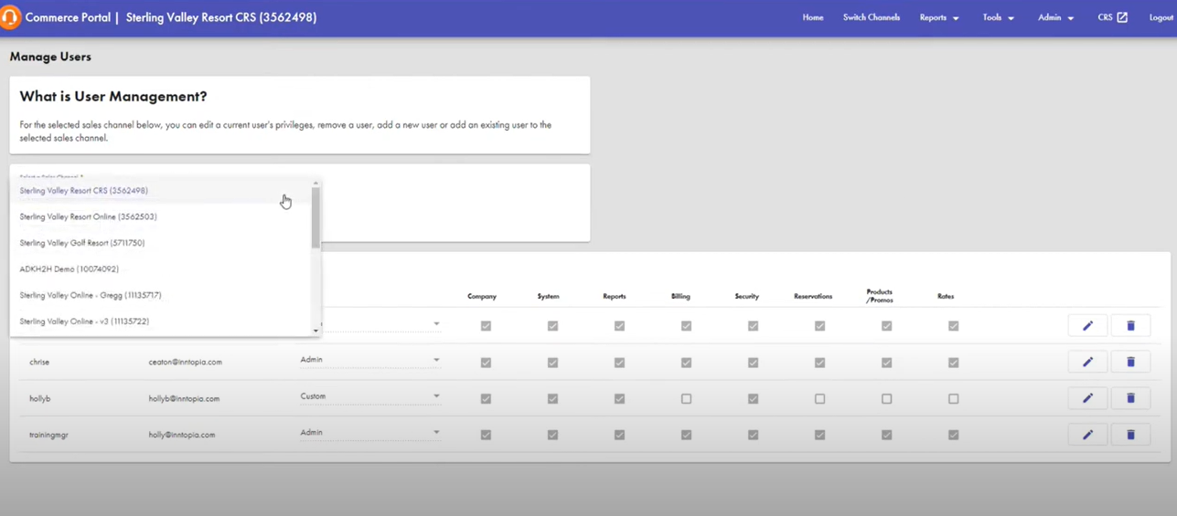 Inntopia Commerce screenshot: Inntopia Commerce manage users
