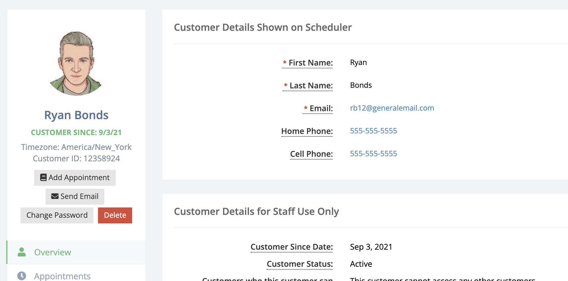 Manage customer profiles. Customer data is automatically loaded when booking appointments. This profile information can be categorized along with notes or other information to help better manage leads and existing clients.