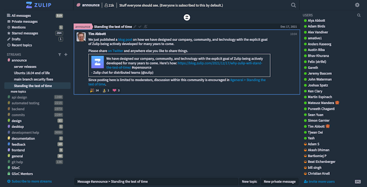 Zulip screenshot: Main message view