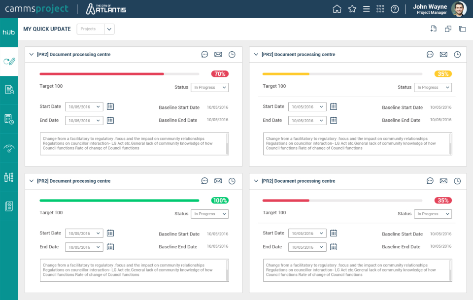 Camms.Project Software - The dashboard-like hub provides quick, at-a-glance project updates and an instant snapshot of progress