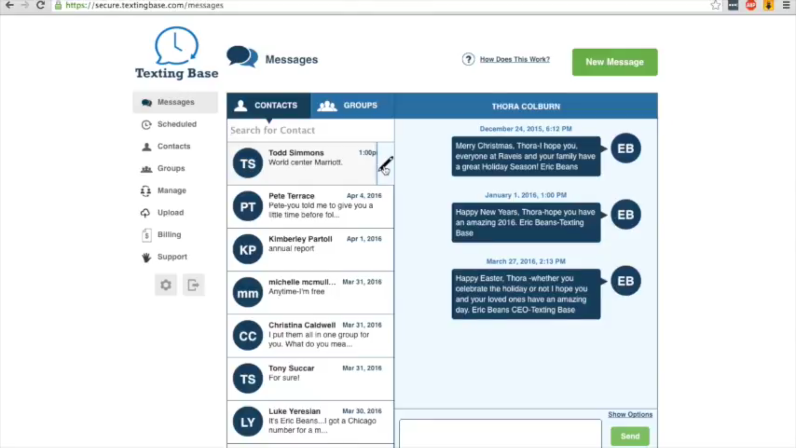 The Messages tab shows single and group contacts along with a chronological history of messages sent and received