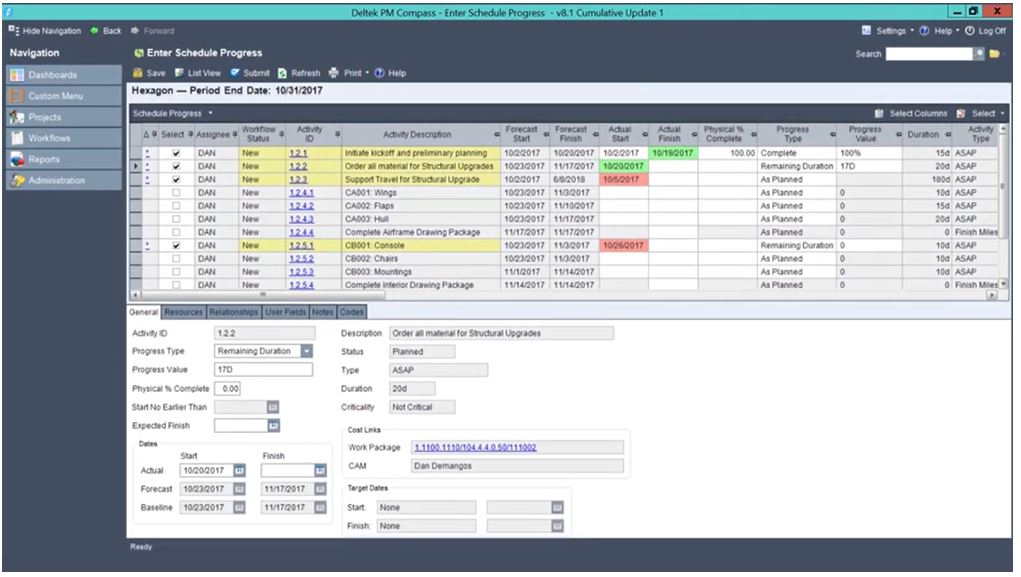 PM Compass screenshot: PM Compass schedule progress