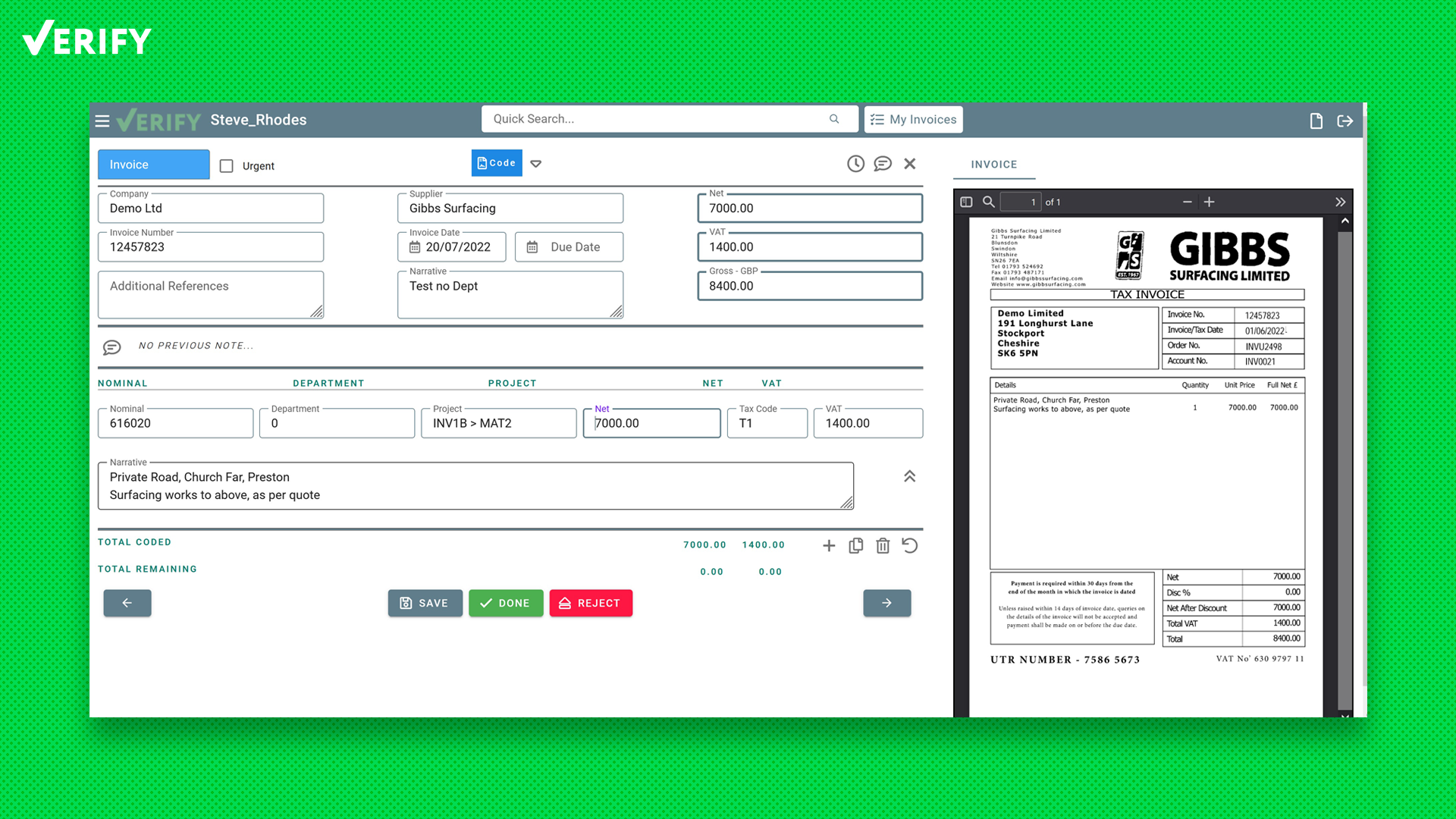 If no PO is available, the invoice moves on to coding where the value of the invoice can be coded by department, project, nominal and cost codes. Invoices can be coded across multiple lines and distributed across serval different approval routes.