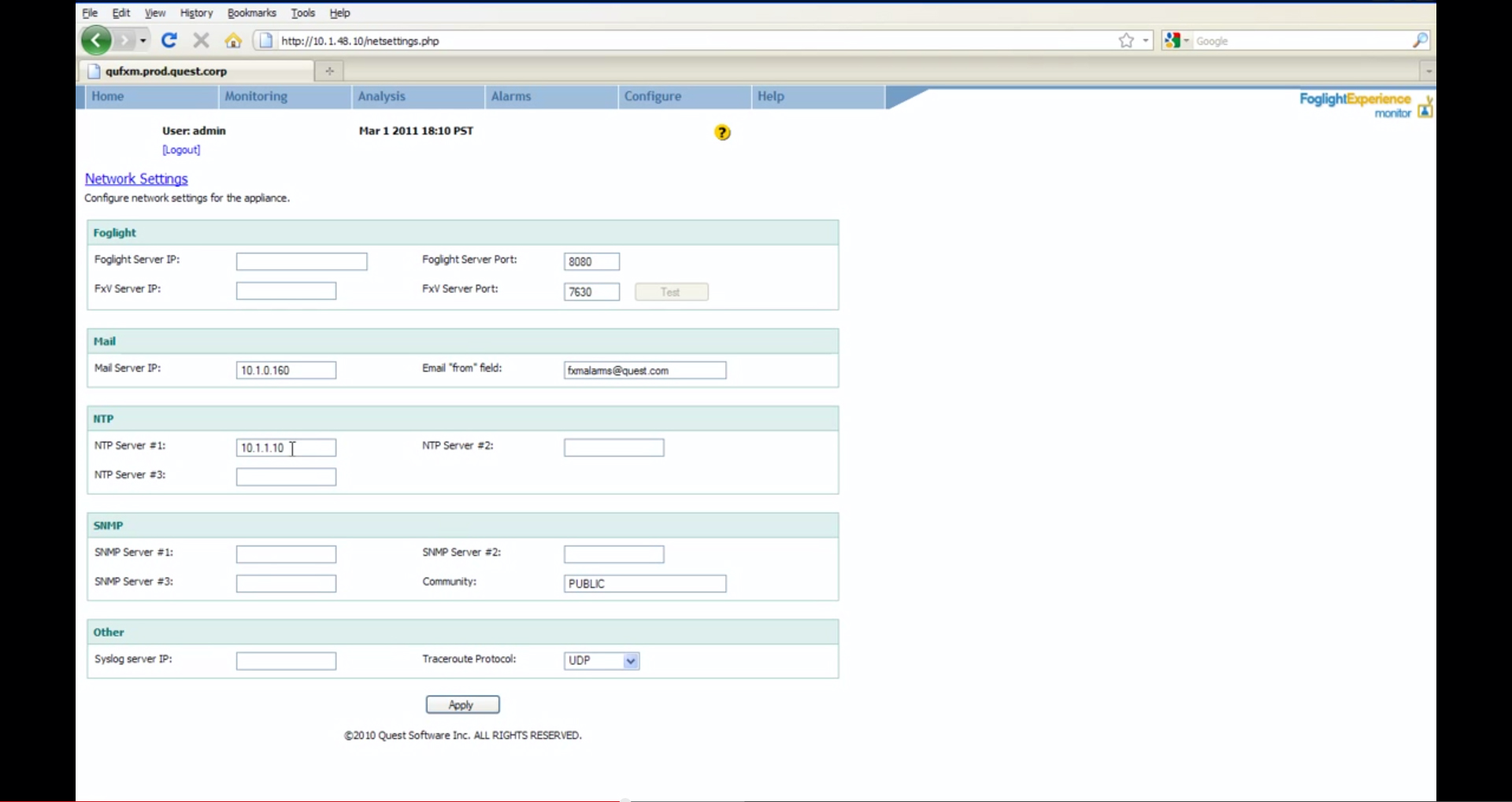 Foglight Software - QuestFoglight-ApplicaionPerformanceMonitoring-NetworkSettings