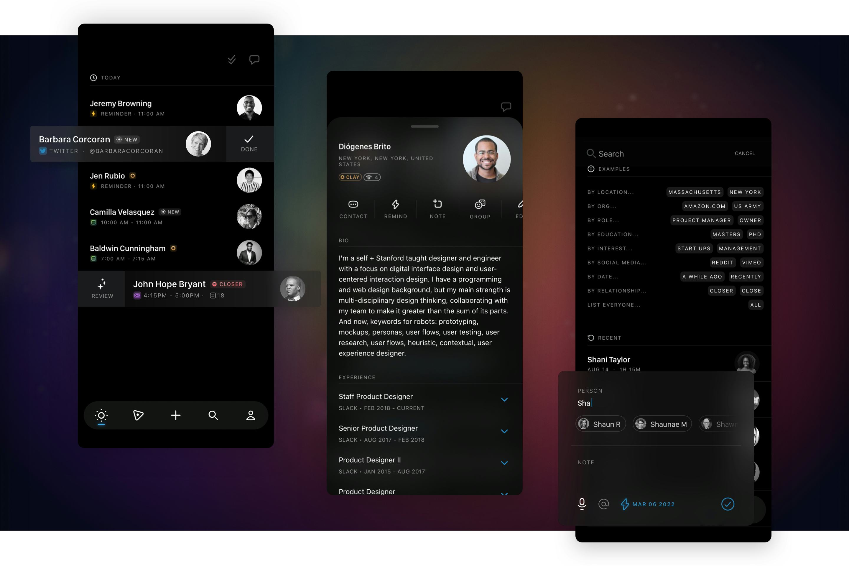 Clay Software - Clay shows you everyone you know in one place with beautiful, enriched profiles. You can search against all of these contacts, take notes, set reminders, create groups, and much more.