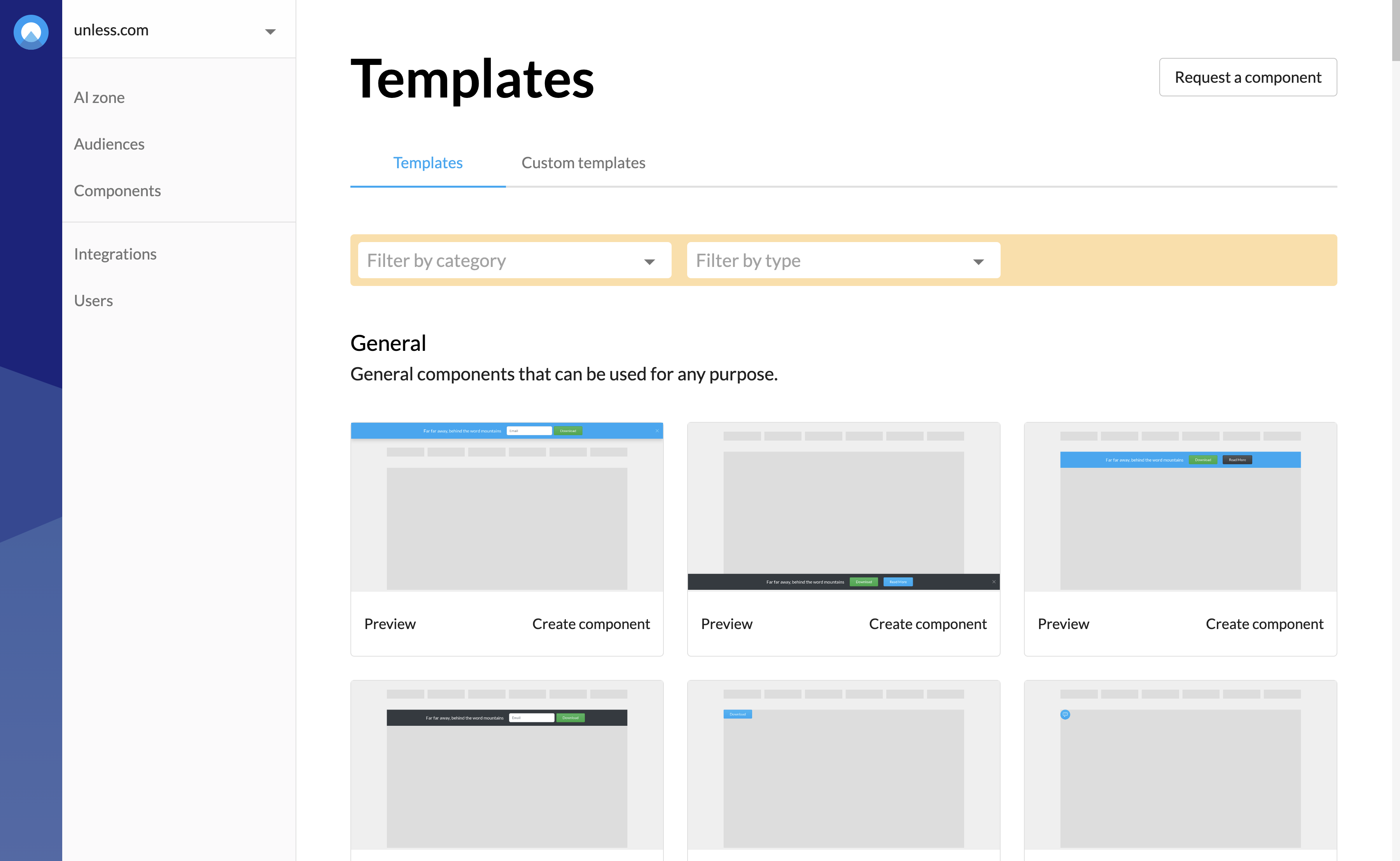 Add conversational UI components: Proceed with any of the 120+ component templates, build your own with the component framework and API, or request custom components or AI plugins.
