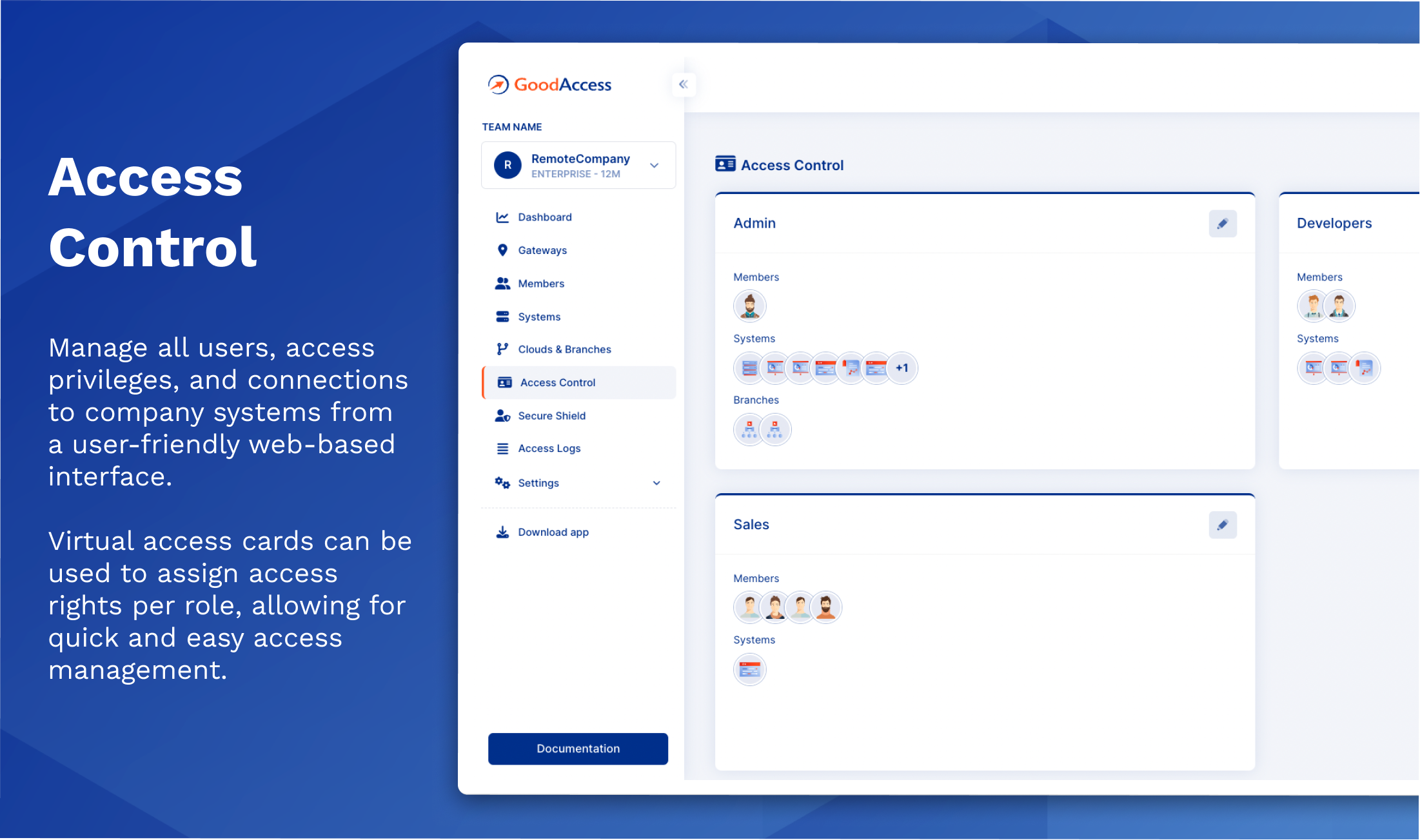 GoodAccess Software - Create Access Cards that grant access to specific systems for different members. E.g. developers can only access the SSH server, and marketing can only access the online store administration.
