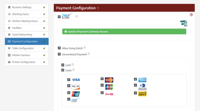 Menumiz Software - Payment configuration