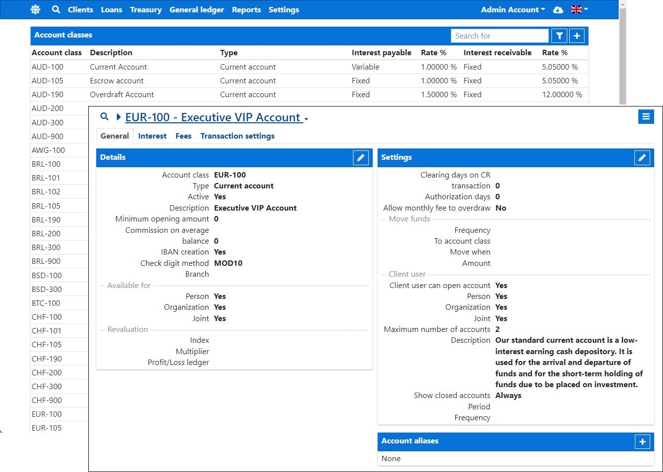 Corniche Software - Support for current, savings, term deposit, call, loans, overdrafts, commodities and digital or in-house fund-based currencies. Interest may be none, fixed, variable against a designated rate, or banded in which the rate changes based on account balance