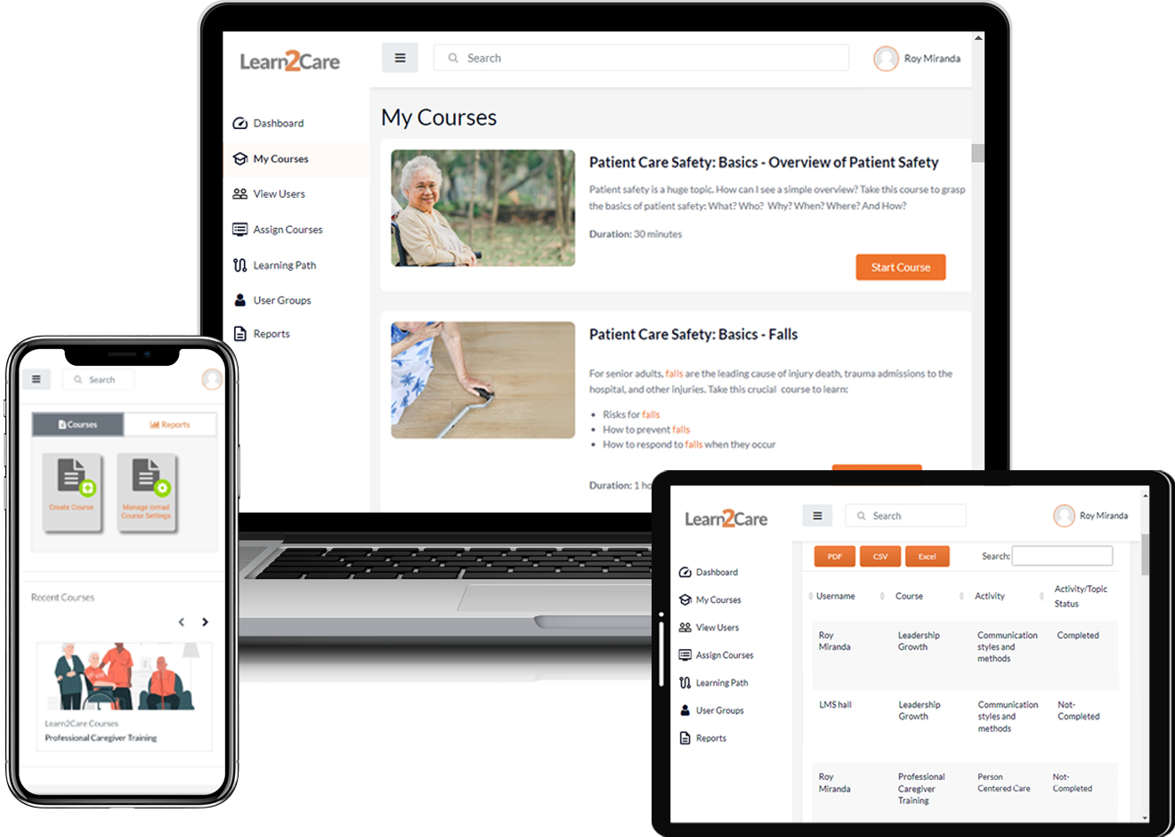 Learn2Care screenshot: Learn2Care course management system with a dashboard allows agencies to track, assign and customize caregiver training for compliance and skill development.