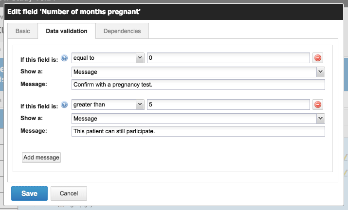 Advanced data validation options can be set using drop-down menus in Castor EDC