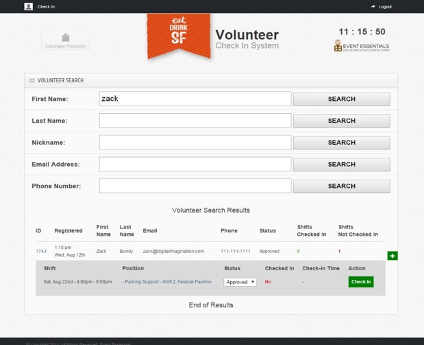 Volunteer check-in management.