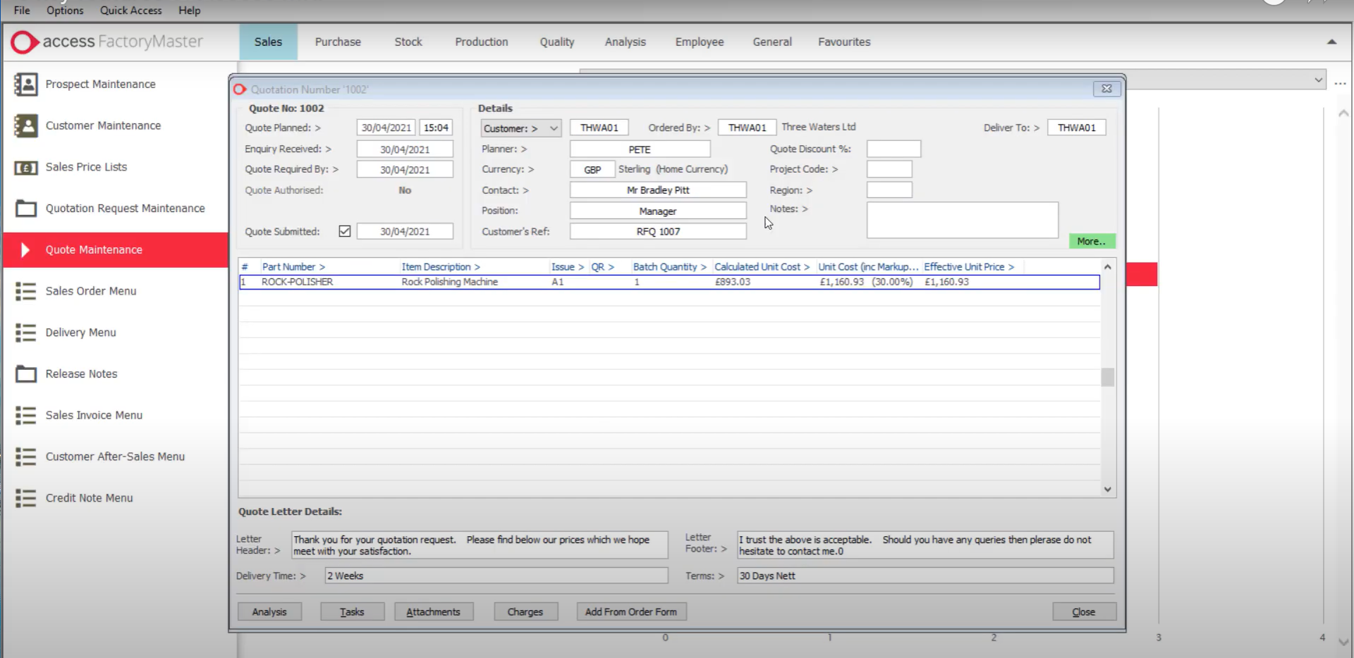 Access FactoryMaster MRP screenshot: Estimating and Quotations