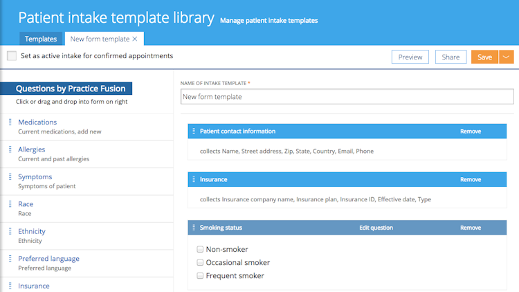 Practice Fusion screenshot: Practice Fusion allows patients to fill customizable intake forms electronically