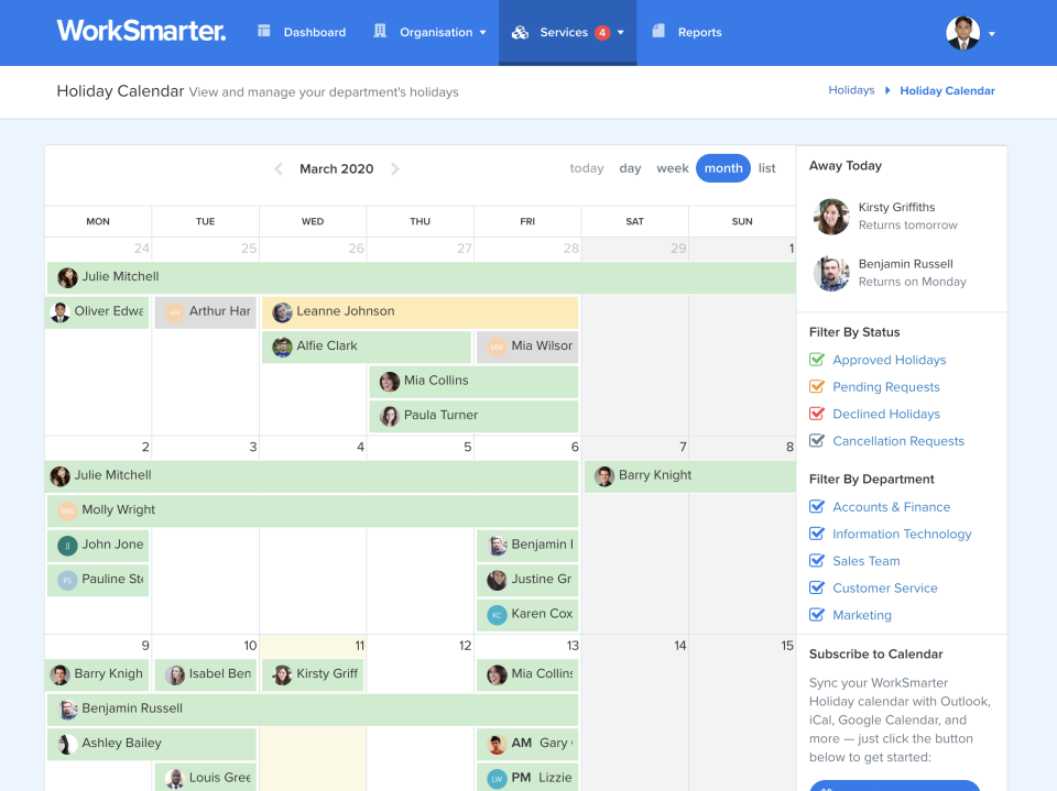 WorkSmarter screenshot: WorkSmarter holiday calendar