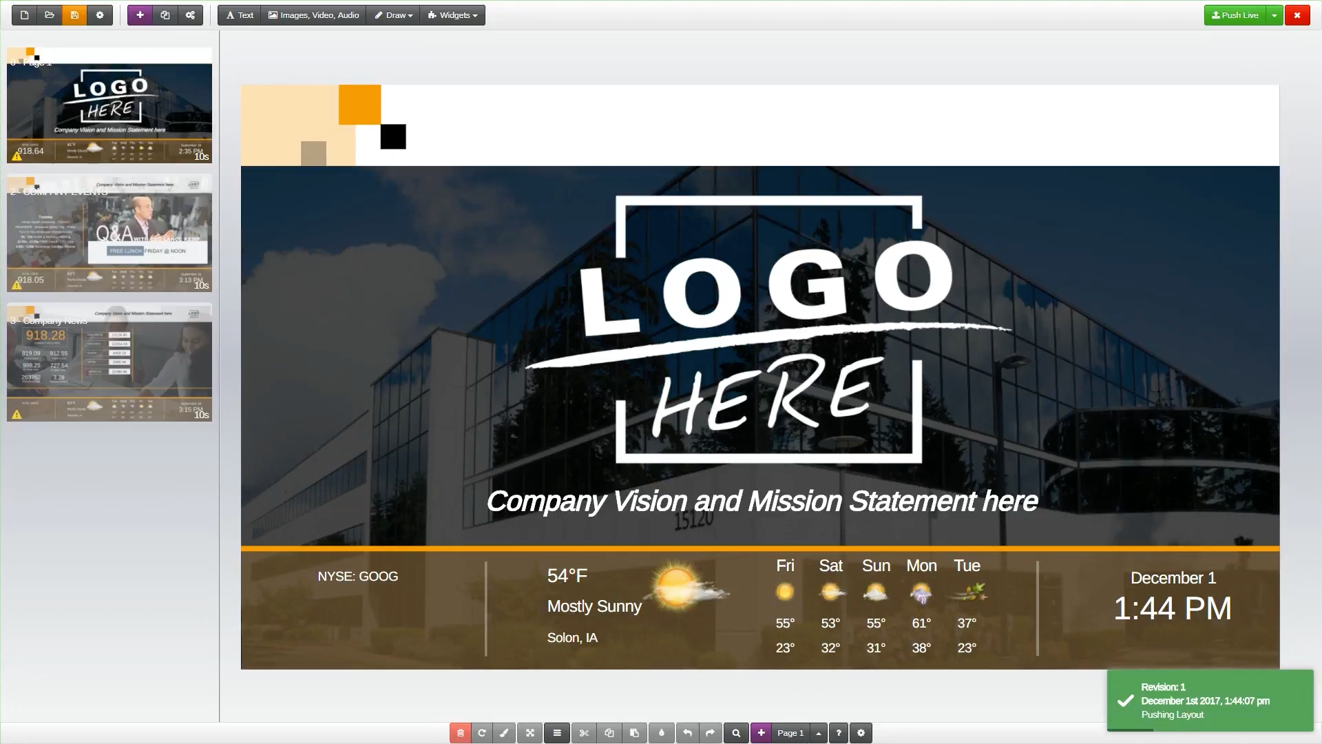 Arreya Software - Presentations can be edited using the WYSIWYG editor and drag & drop interface which allows users to add images, video, audio, widgets, and more