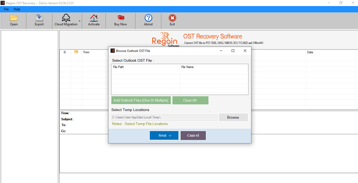 Regain OST Recovery Tool screenshot: Regain OST Recovery Tool home screen