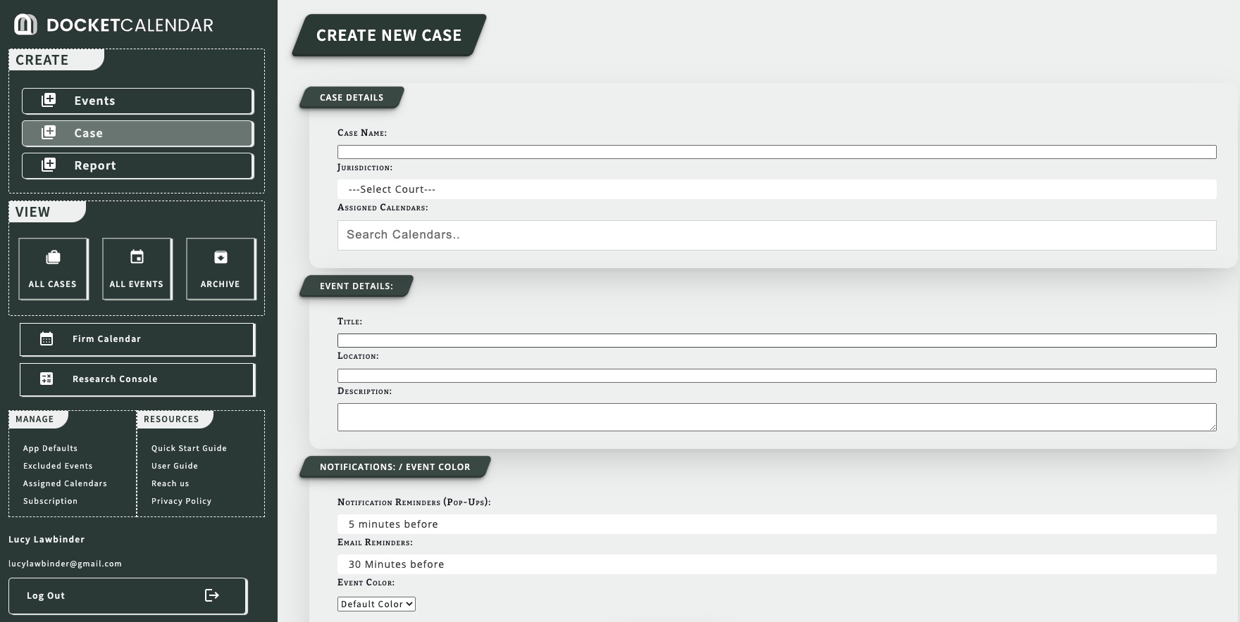 DocketCalendar screenshot: DocketCalendar new case
