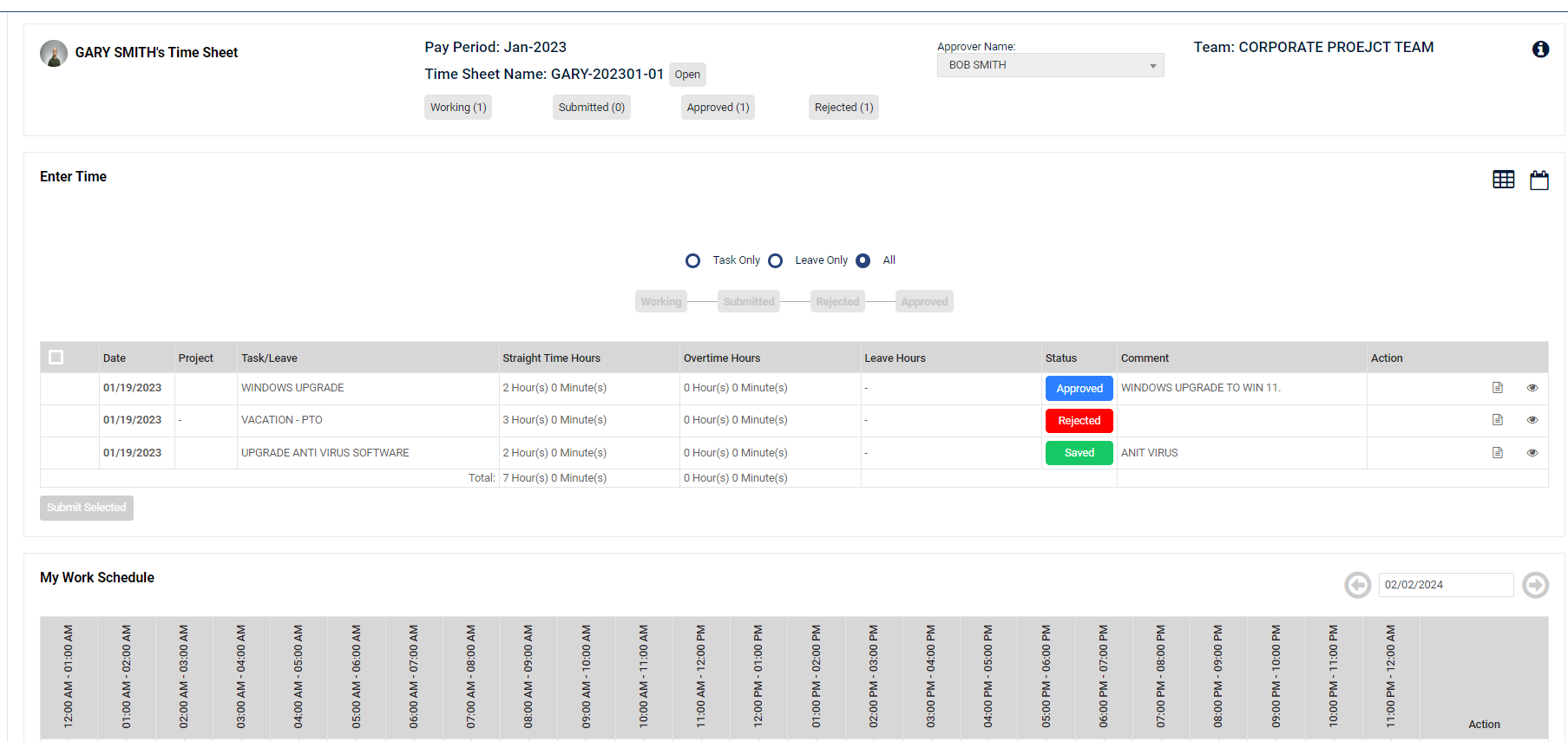 Project Time Tracking interactive calendar