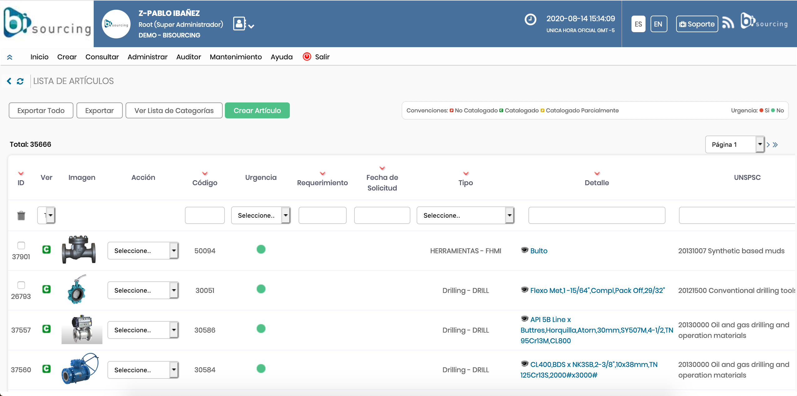 BiSourcing screenshot: Materials catalog / Catálogo de Materiales
