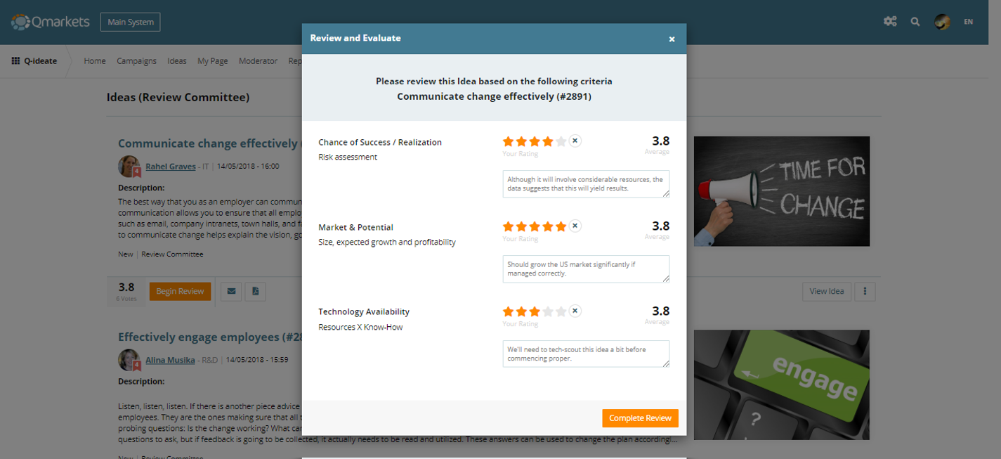 Qmarkets Idea Management Software - Qmarkets' Idea Scorecard