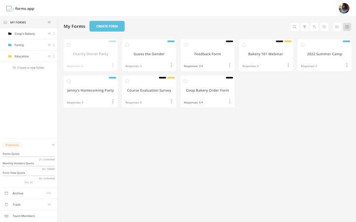 forms.app screenshot: Manage your forms and collaborate with your team with forms.app's MyForms Dashboard.