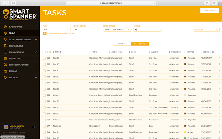 Smartspanner screenshot: The task list can be ordered by task ID, name, type, priority, status, deadline, and more