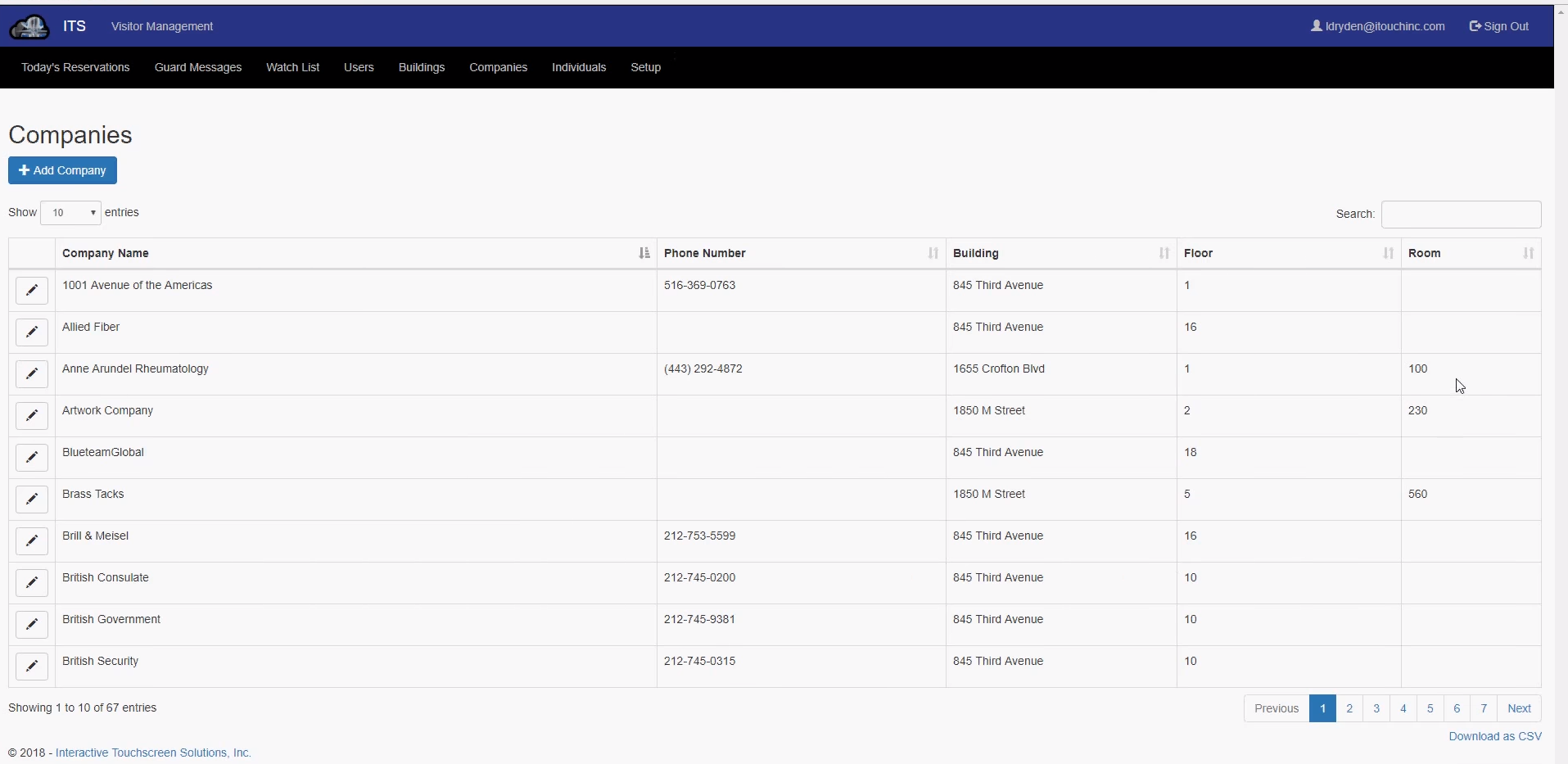 Navigo Visitor Management company database screenshot