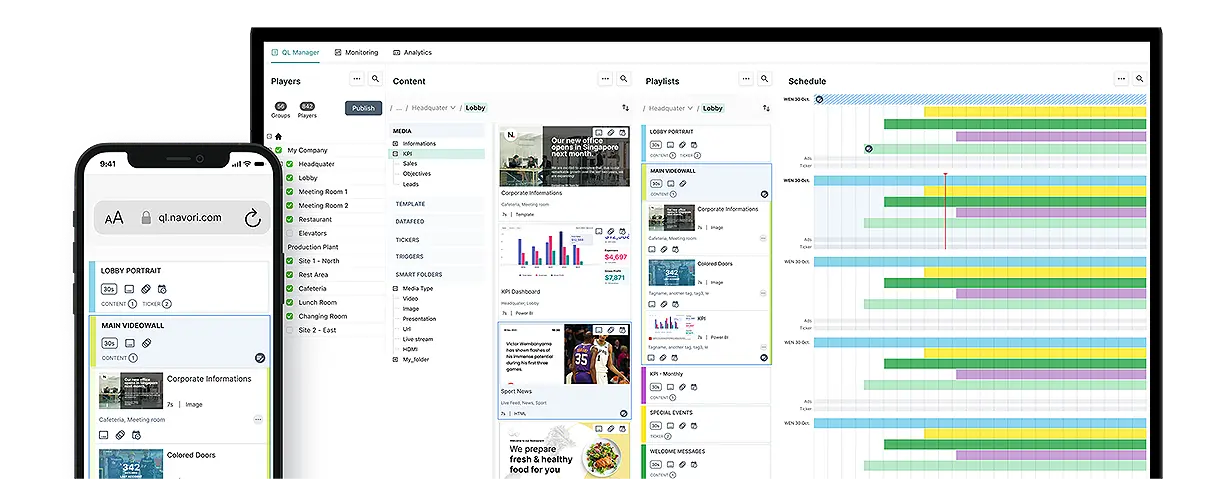 Navori Digital Signage Software screenshot: Navori CMS features an intuitive 4-step workflow: 

1. Upload, 2. Organize, 3. Schedule, 4. Publish — all from one easy-to-use platform.