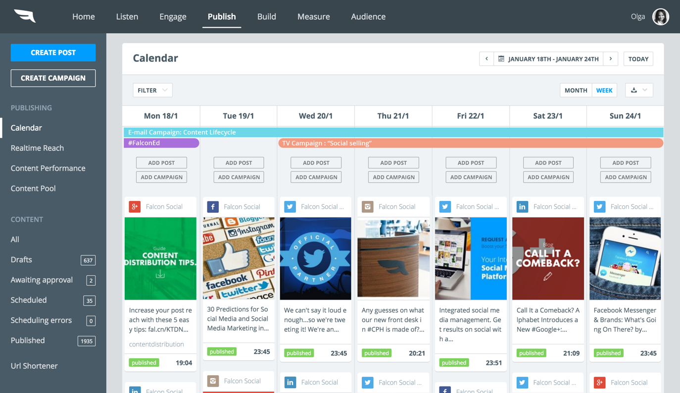 Falcon.io Software - The calendar tool allows users to schedule social media posts and campaigns