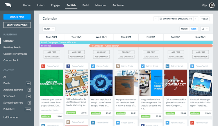 Falcon.io screenshot: The calendar tool allows users to schedule social media posts and campaigns