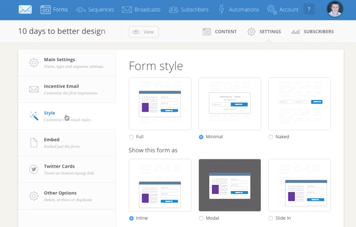 ConvertKit screenshot: ConvertKit allows users to create opt-in forms in a range of styles, including inline and slide in forms