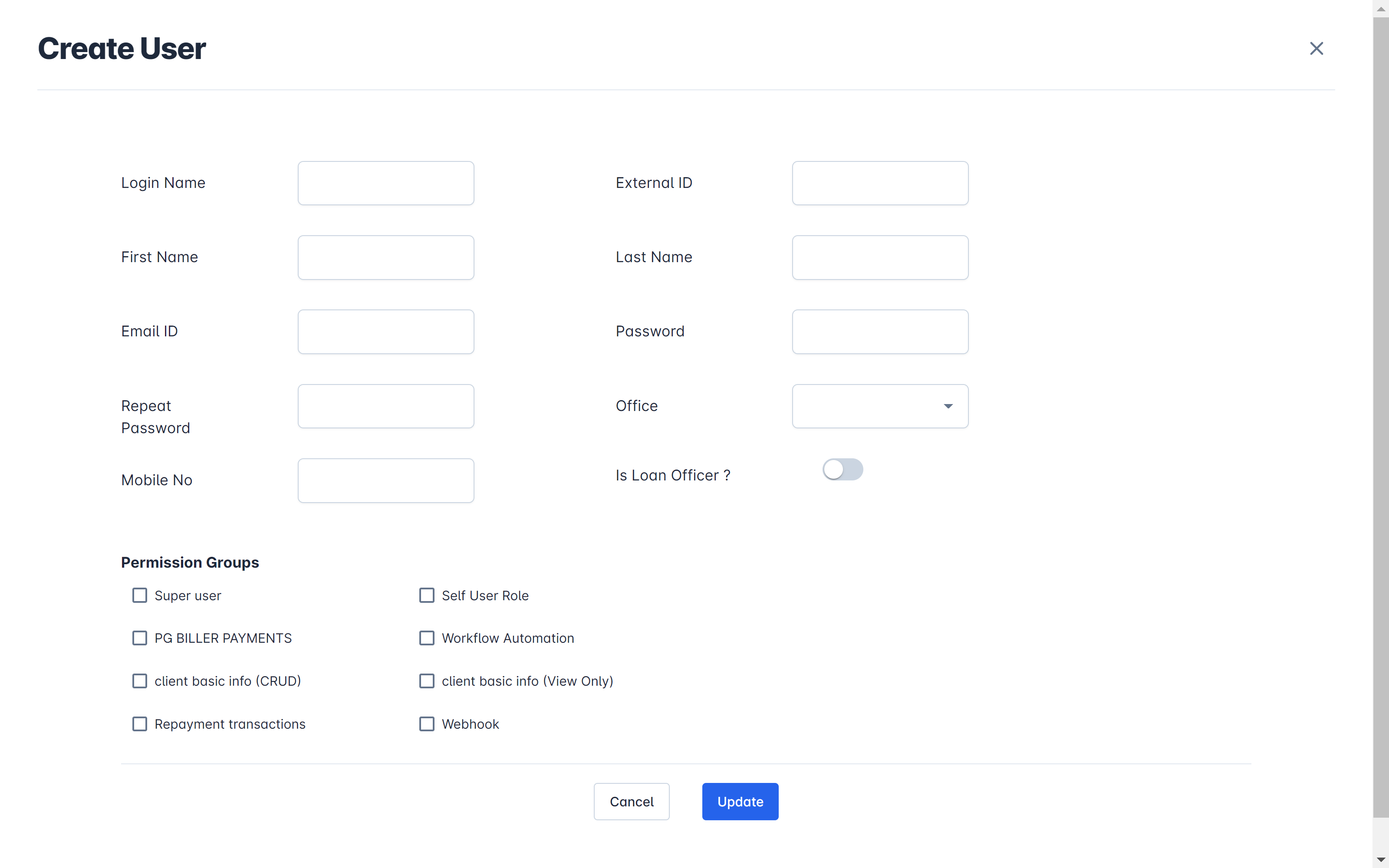 User Creation - Quick form to create new users within the Finflux Suite.