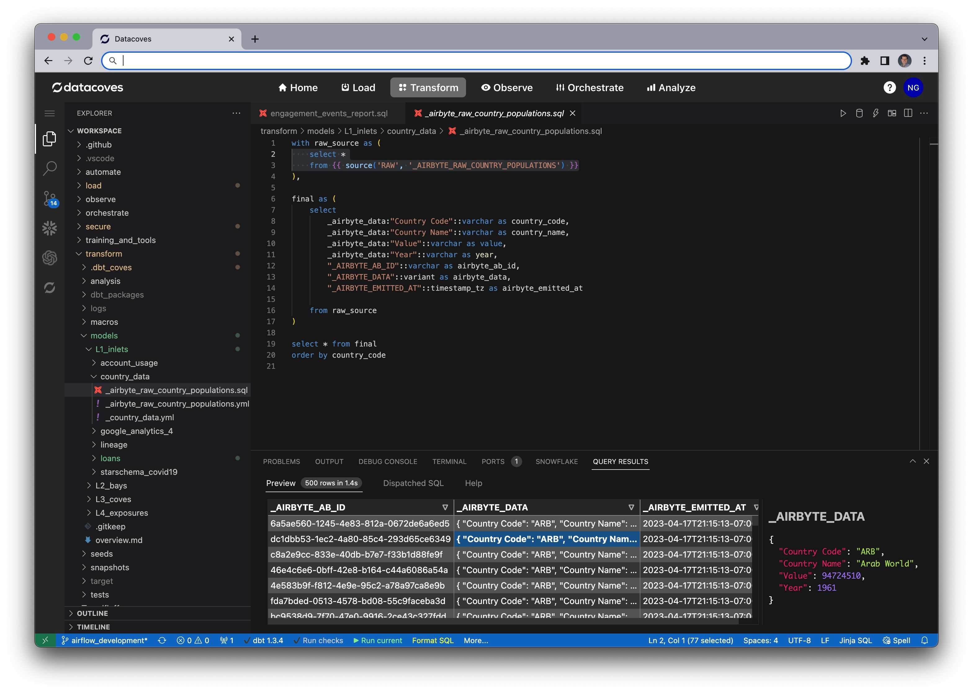Datacoves screenshot: Develop with dbt Core in a pre-configured environment with extensions like the official Snowflake Extension, SqlFluff, and python libraries like Snowpark, dbt-coves, etc. Ultimate flexibility built for enterprise complexity.