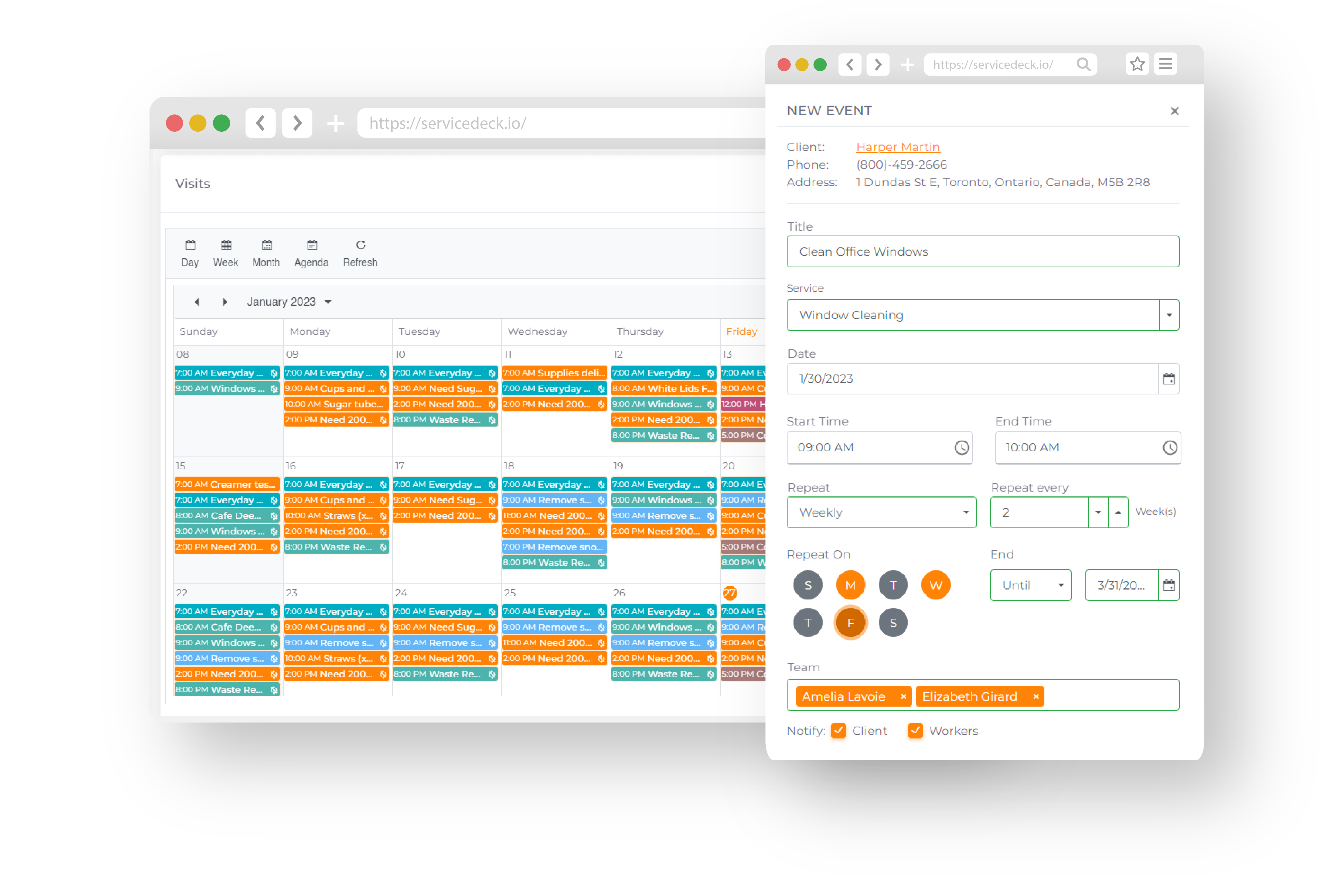Smart Scheduling: Say goodbye to scheduling conflicts and maximize your team's efficiency with ServiceDeck's intelligent scheduling feature. Our platform enables you to easily assign jobs based on your workers' availability, skills, and location.