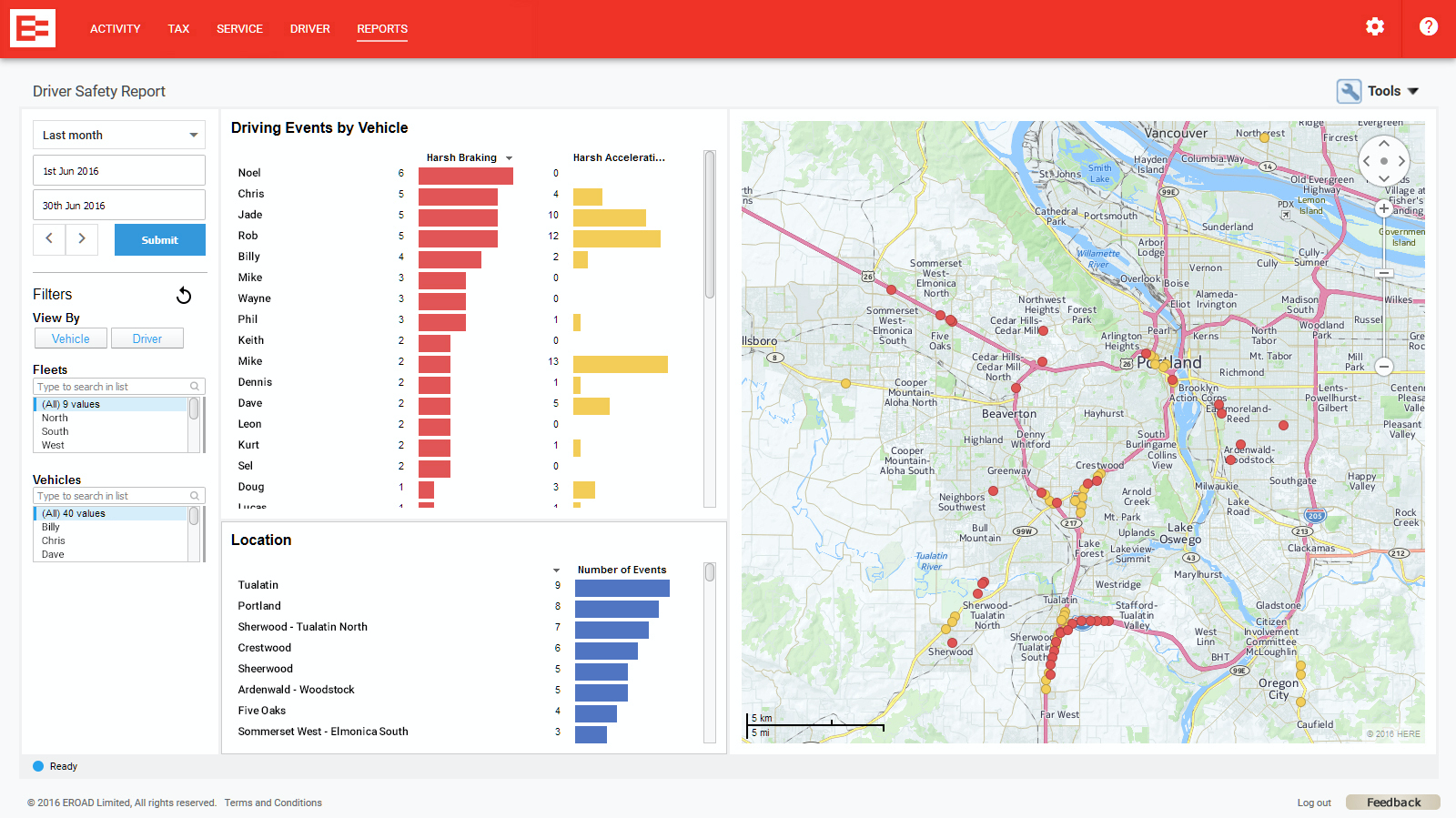 EROAD Software - View reports alongside geographic maps to outline issues or risks