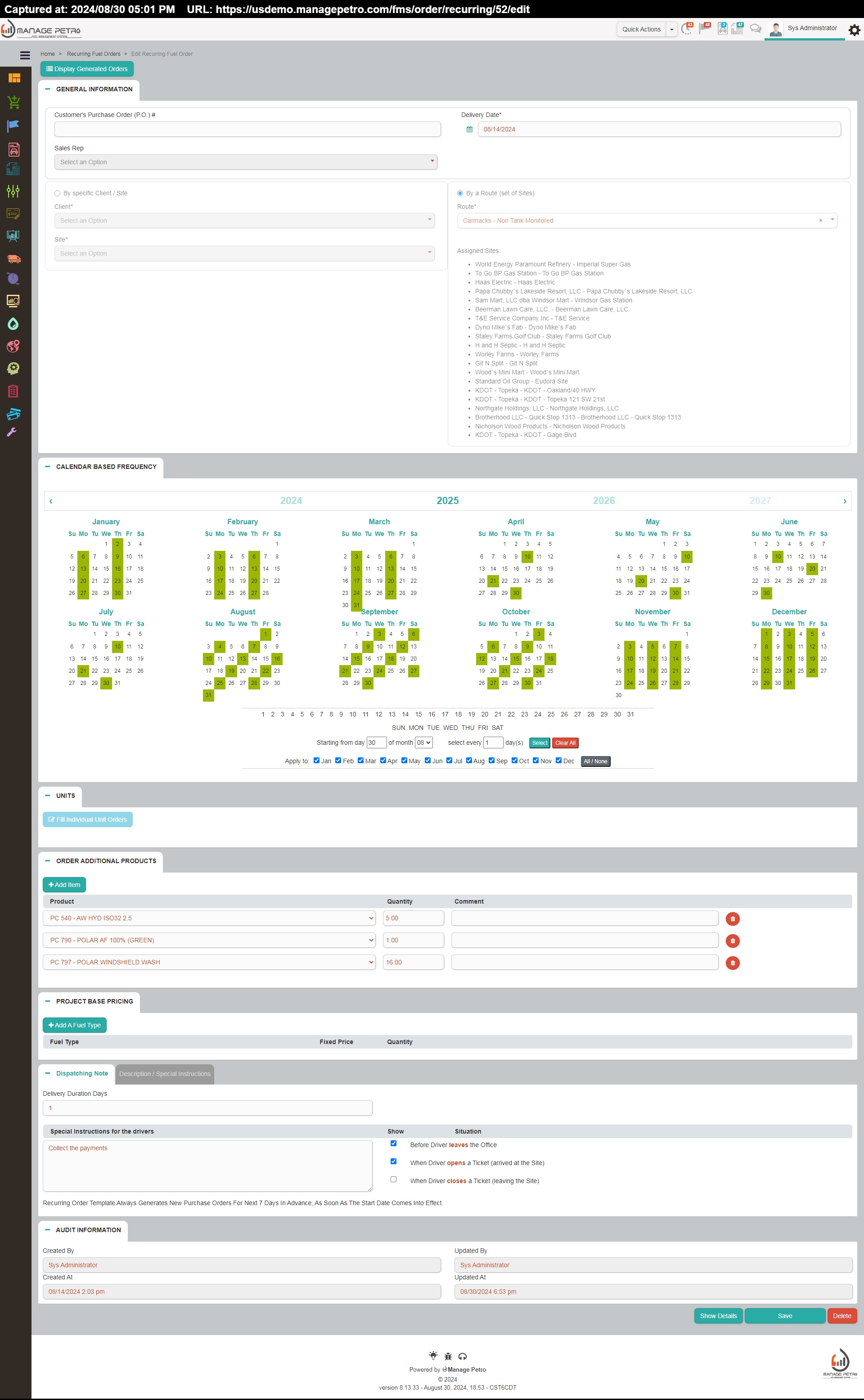 Manage Petro Software - Recurring order scheduling for a full year, based on route, season,  packaged products, notes, and audit details.