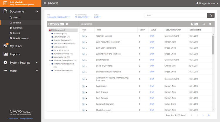 PolicyTech screenshot: Browse documents by department, status, site, owner, and more