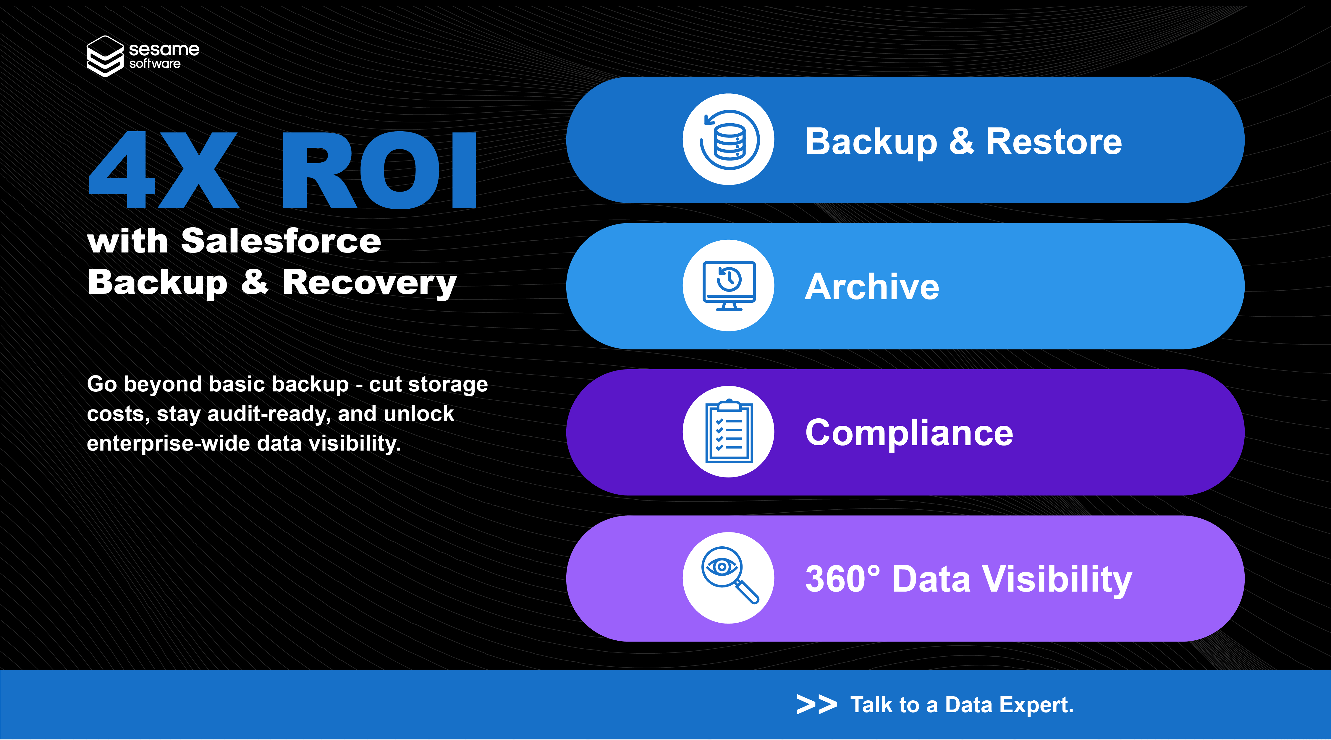 Sesame Software screenshot: Get 4X ROI from Your Salesforce Backup & Recovery.

Go beyond basic backup. Cut storage costs, stay audit-ready, and unlock full visibility across your enterprise data — all in one solution.