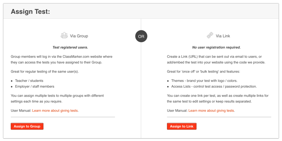 ClassMarker screenshot: ClassMarker exam assignment