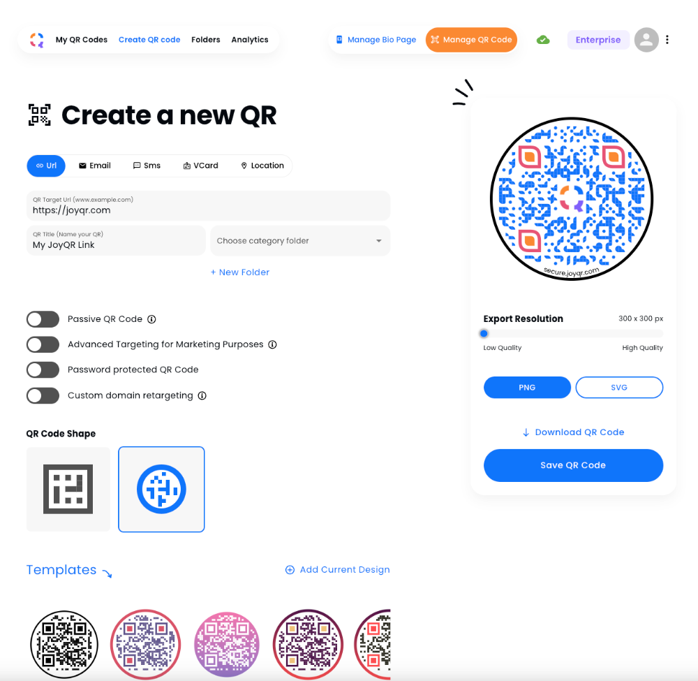 JoyQR Software - Create QR codes with ease: add URLs, opt for passive mode, and choose between circle or square shapes.