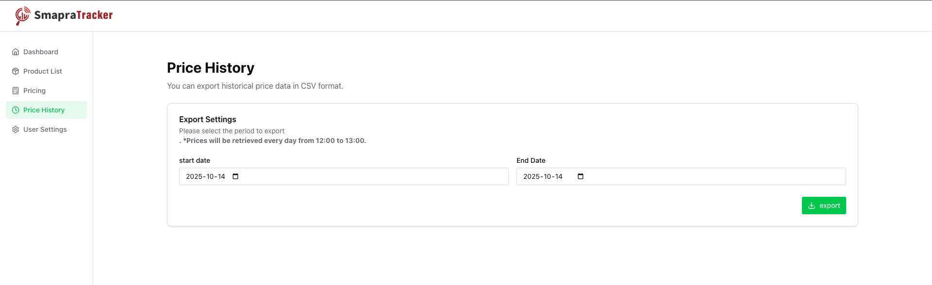 SmapraTracker Software - You can export historical price data for all tracked products in CSV format.
This allows you to review how competitors’ prices changed over time and analyze market trends.