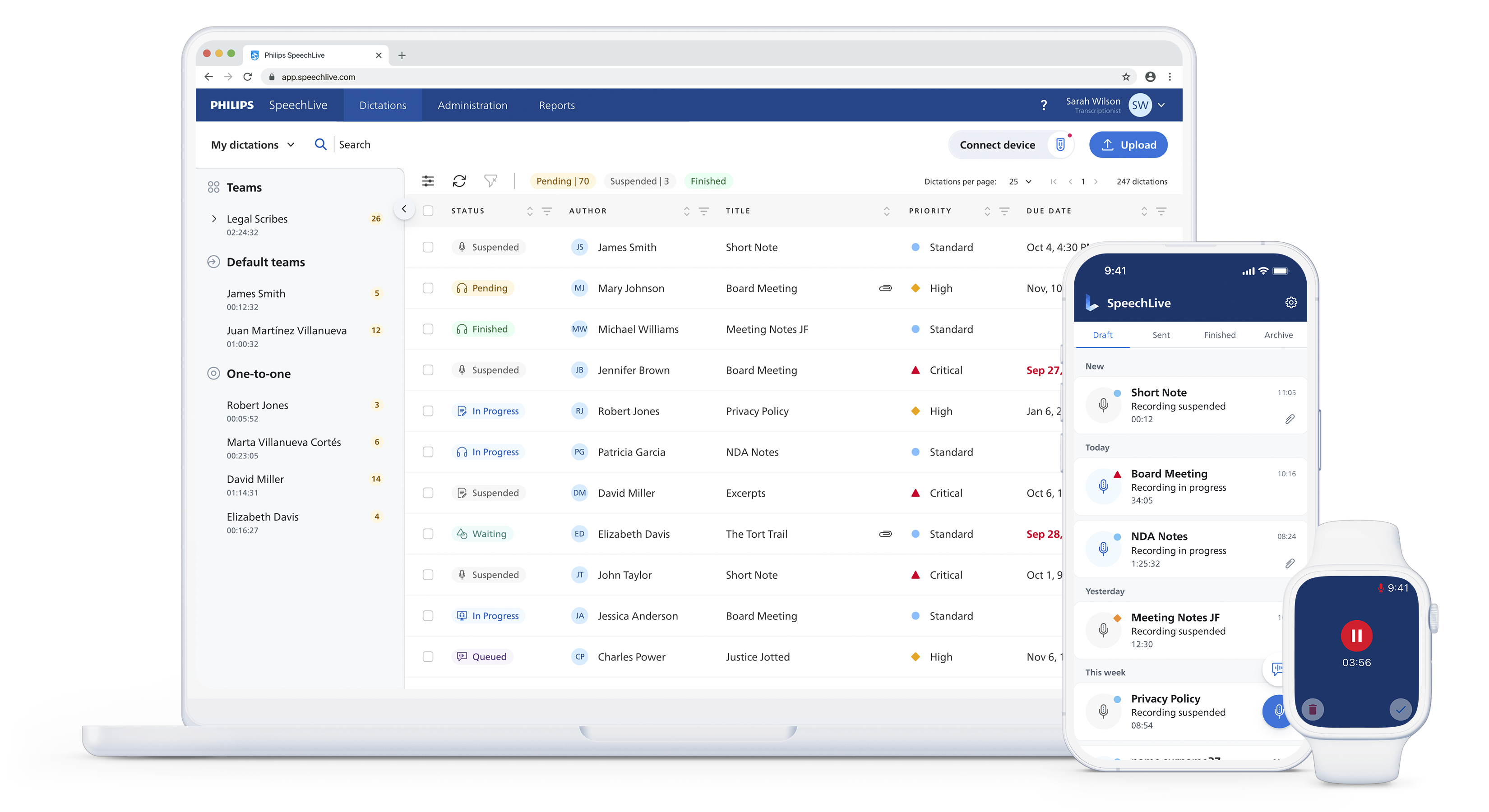 Philips SpeechLive screenshot: Philips SpeechLive new UI - desktop, mobile and smart watch app.