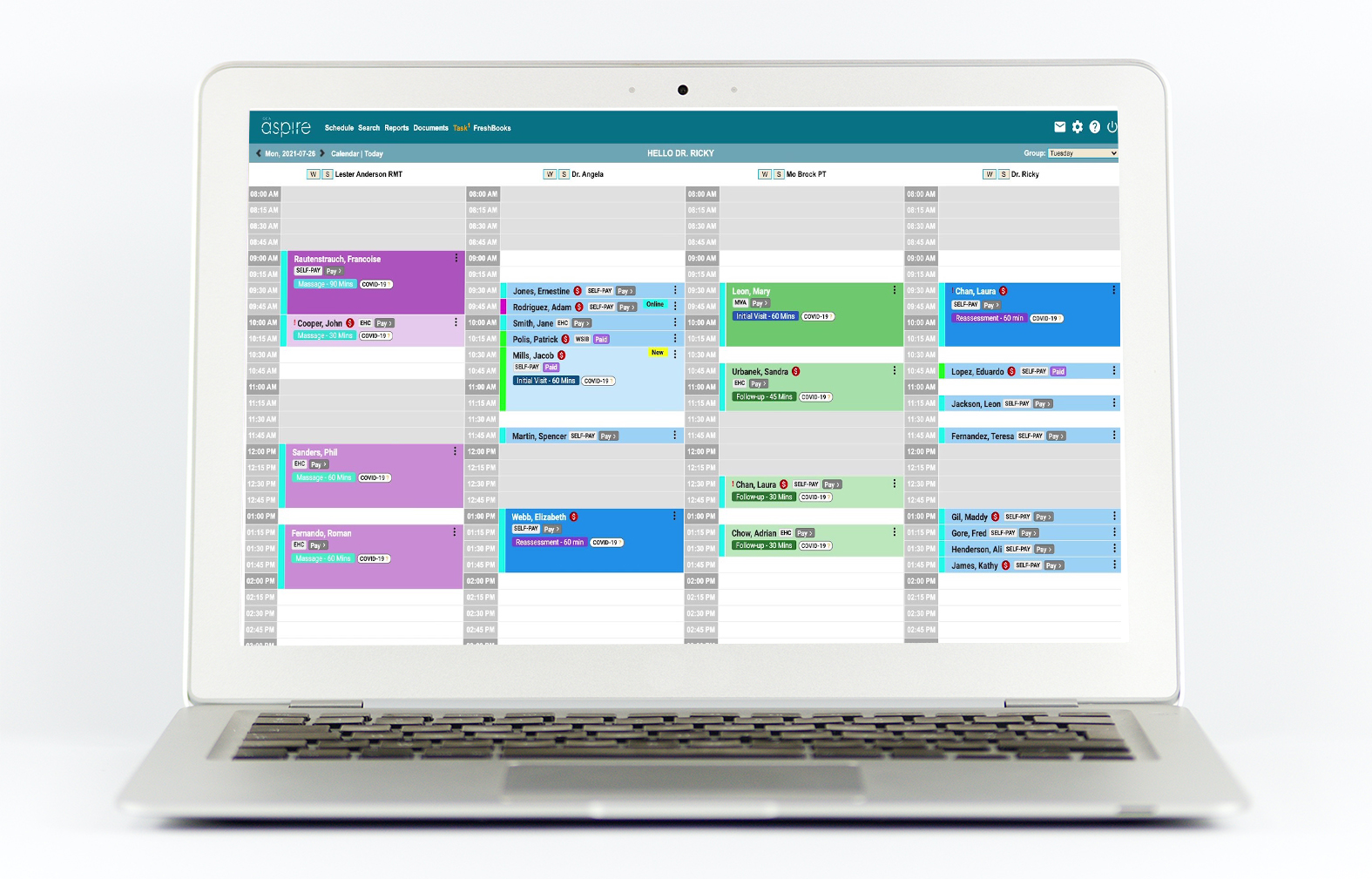 OCA Aspire screenshot: OCA Aspire practice management clinic schedule. Manage your clinic scheduling and billing all in one screen. Customize your schedule to your unique workflow with the colors, groups, timeslots, and so much more. Practice management scheduling, made easy.