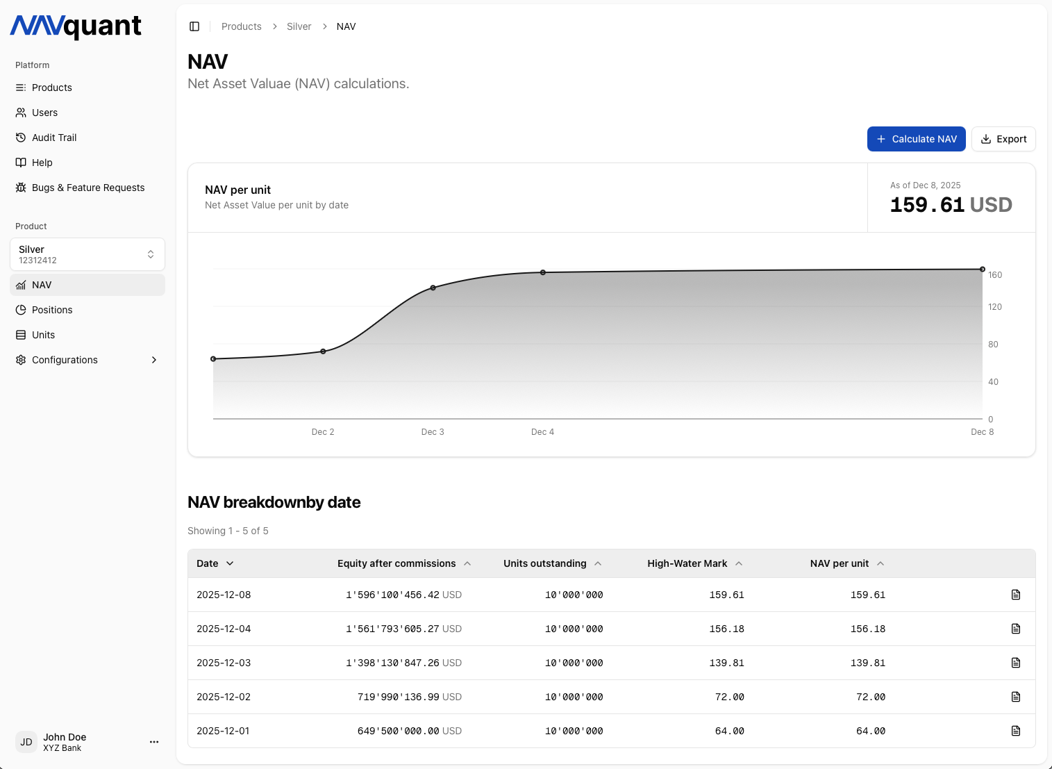 NAVquant screenshot: NAV calculation dashboard
