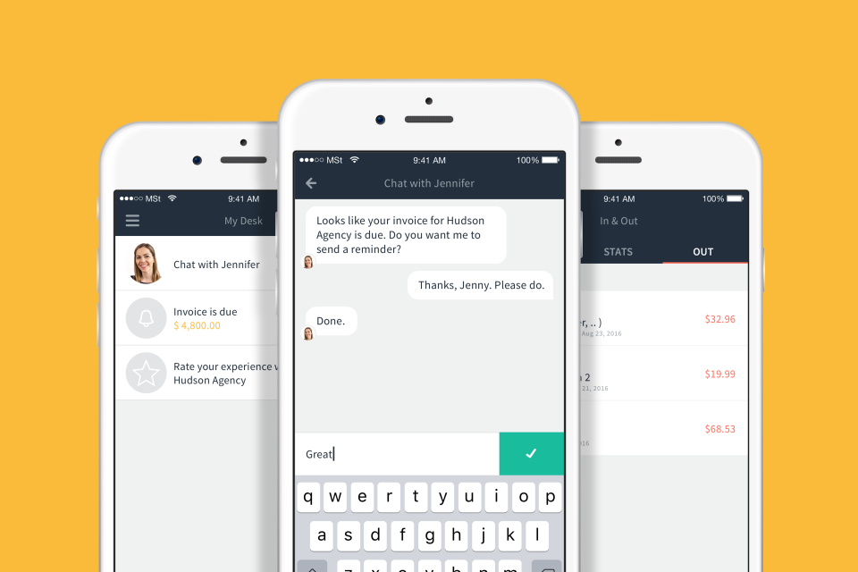 Payment reminders and chat features inform on due invoices and client payment lateness etc
